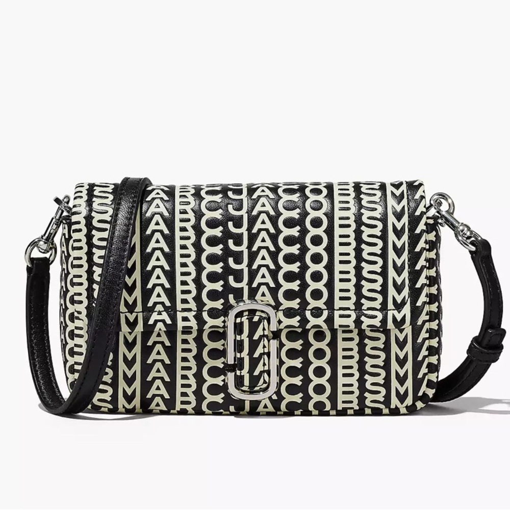 NEW MARC JABOBS Logo Monogram Silver Chain Leather Crossbody Bag Black Cream - Picture 2 of 9